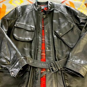 Polo Ralph Lauren Black Leather Jacket Moto style,horse blanket flannel lined XL